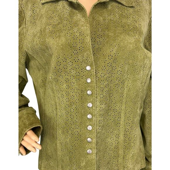 Aria 100% Leather Jacket Eyelet Moss Green Button Front Long Sleeve Size L - Picture 8 of 10